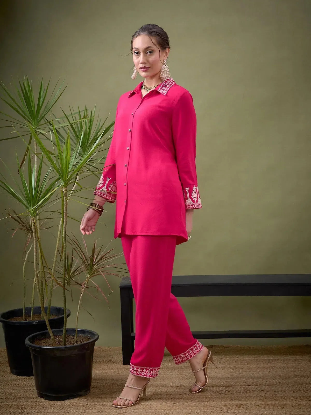 Fuchsia Embroidered Shirt and Palazzos Indian Suit Set