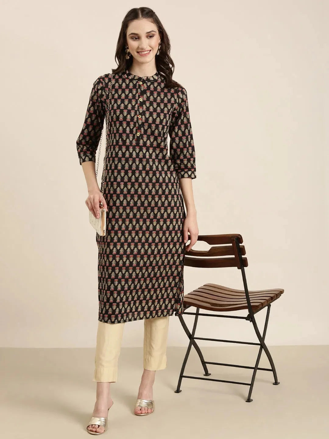 Black Floral Print Kurta - Trendy Indian Kurtis for Women