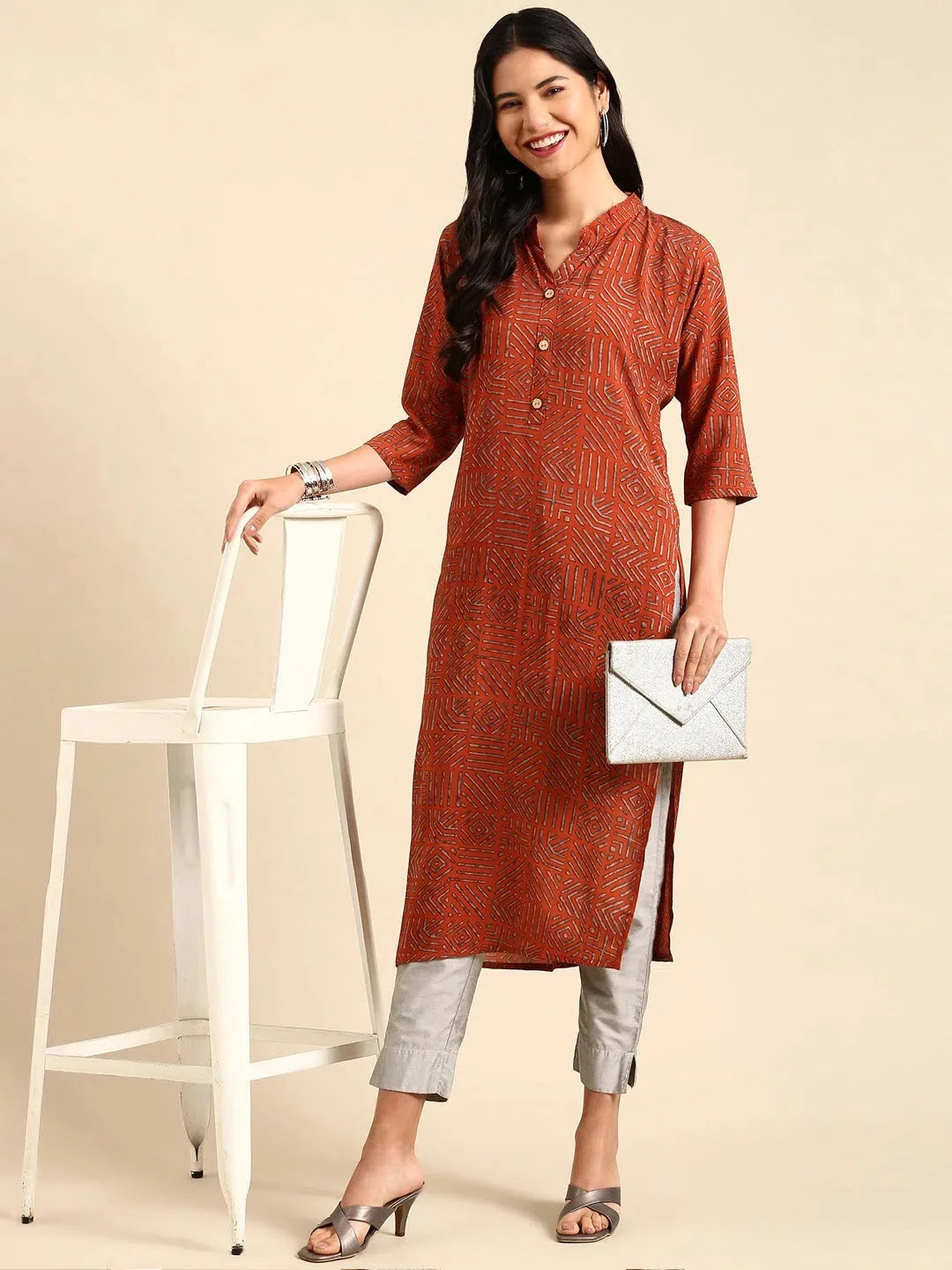 Orange Printed Indian Kurta for Women | Straight Kurtas Online