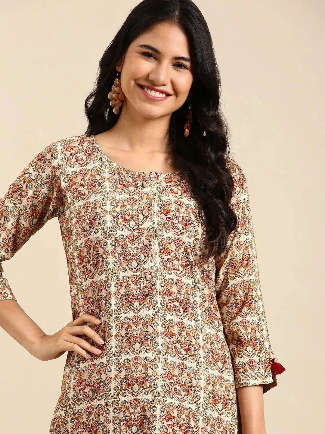 Cream Printed Polyester Kurta | Women's Indian Kurta