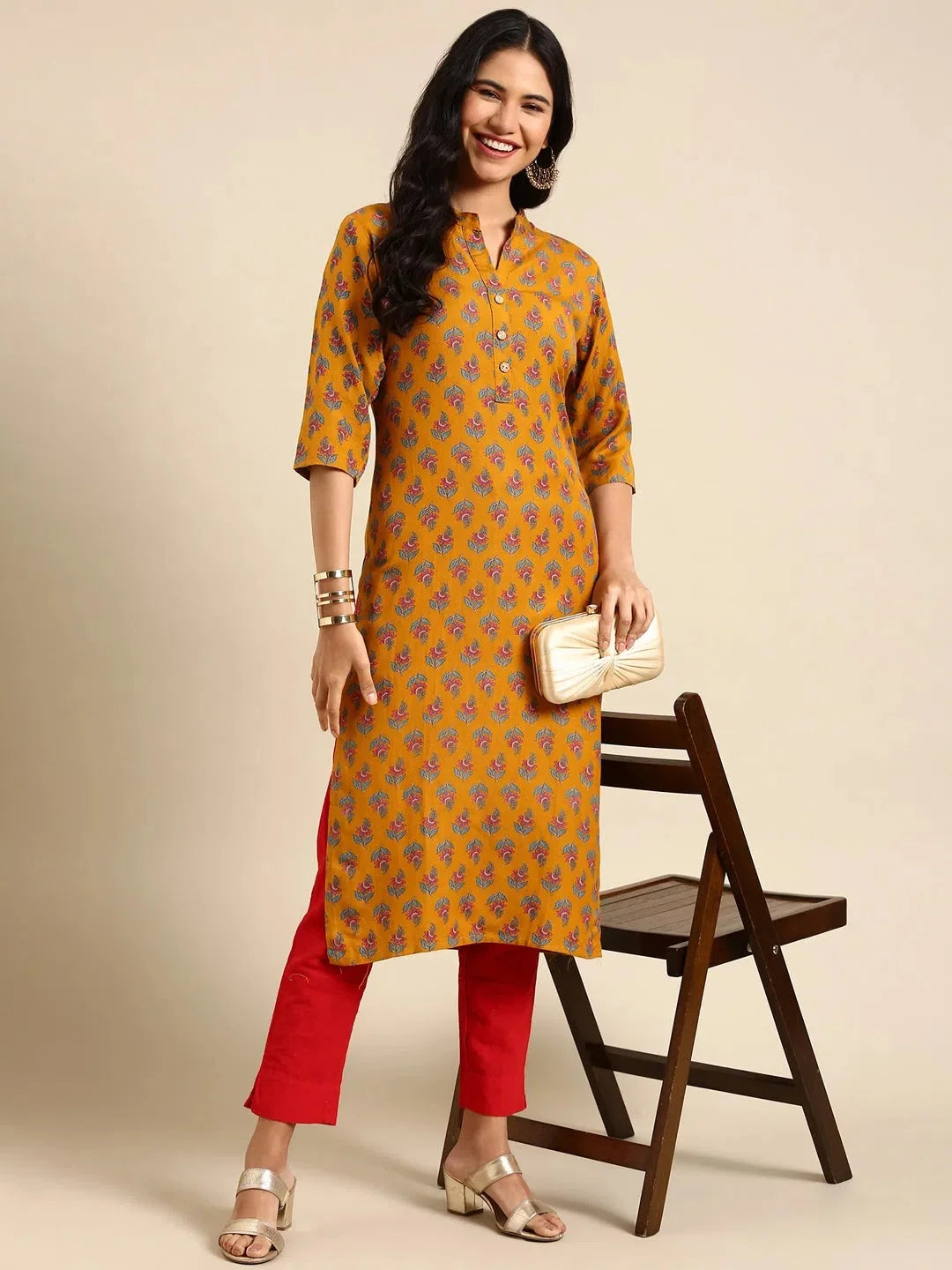 Mustard Printed Viscose Kurta | Indian Kurta for Women