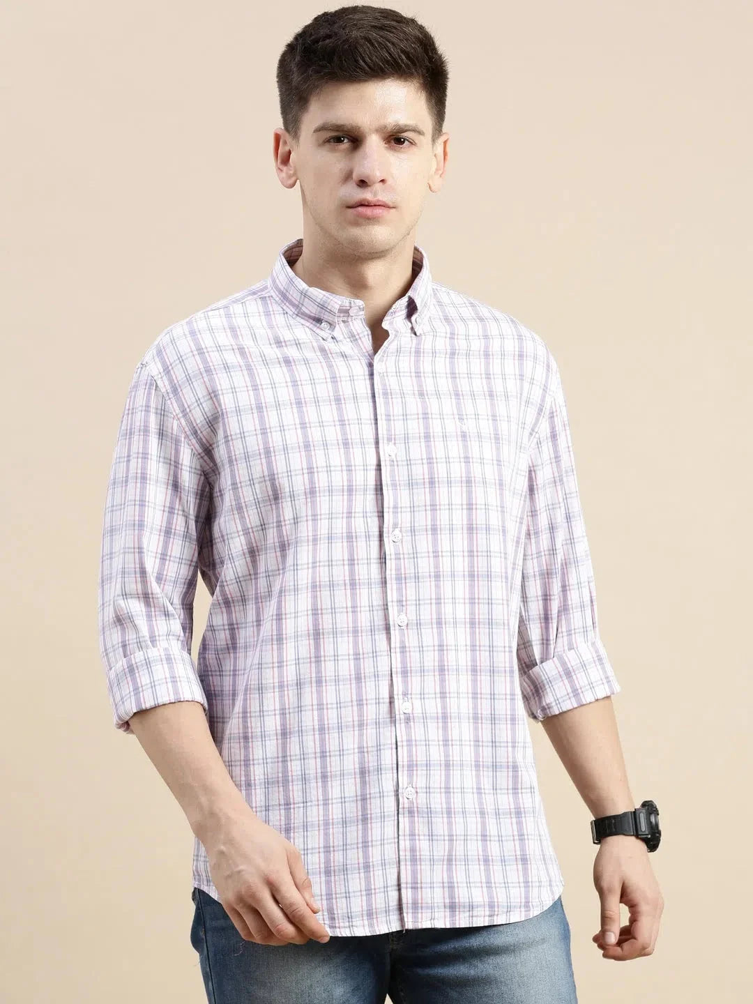 Men's Cream Checked Cotton Shirt - Casual Mens Shirt