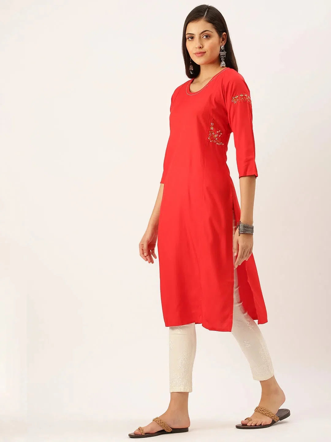 Red Embroidered Indian Kurta for Women- Cotton | DesiQlo