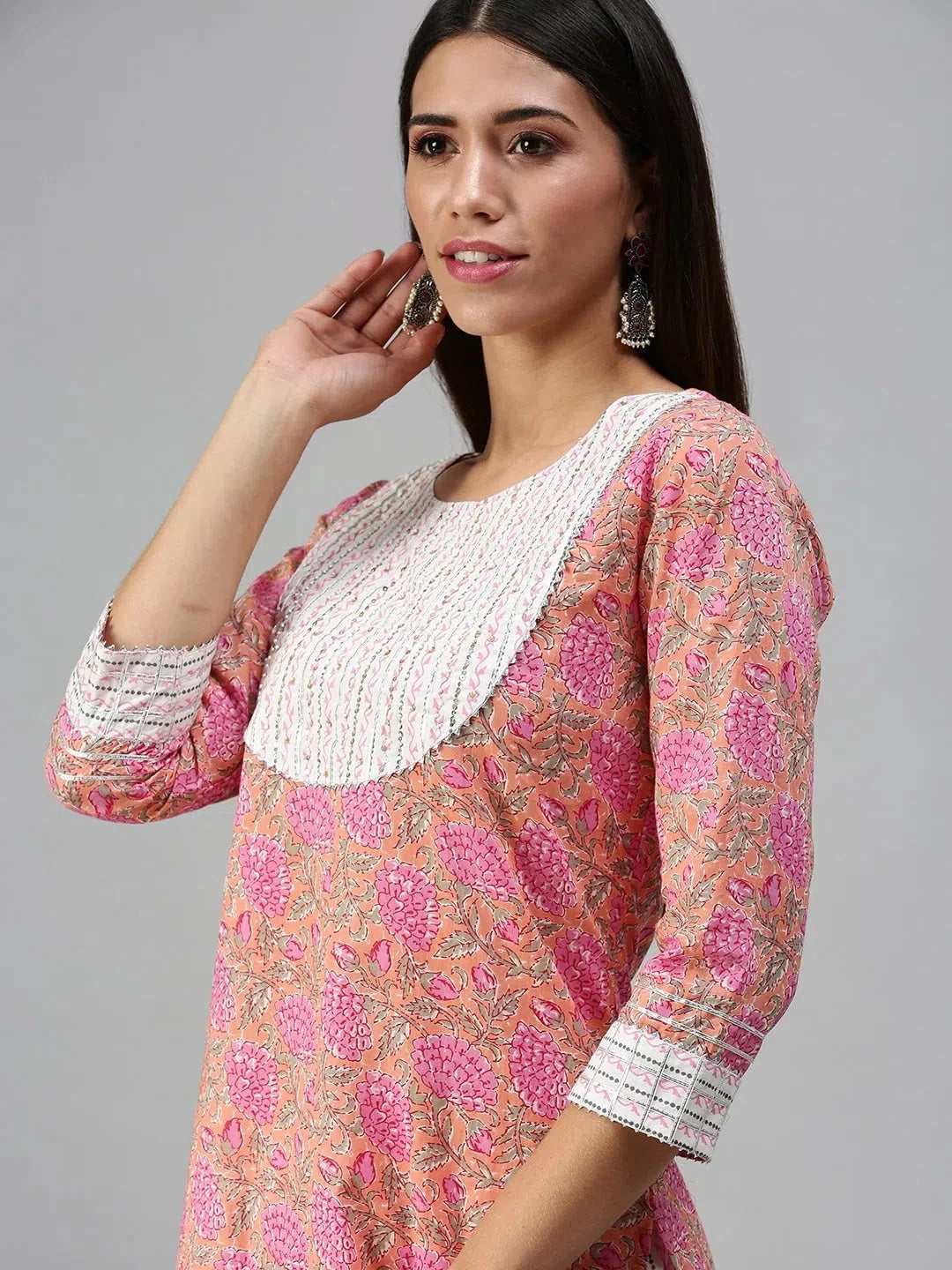 Peach Floral Cotton Kurta Set | Women's Designer Kurta Sets