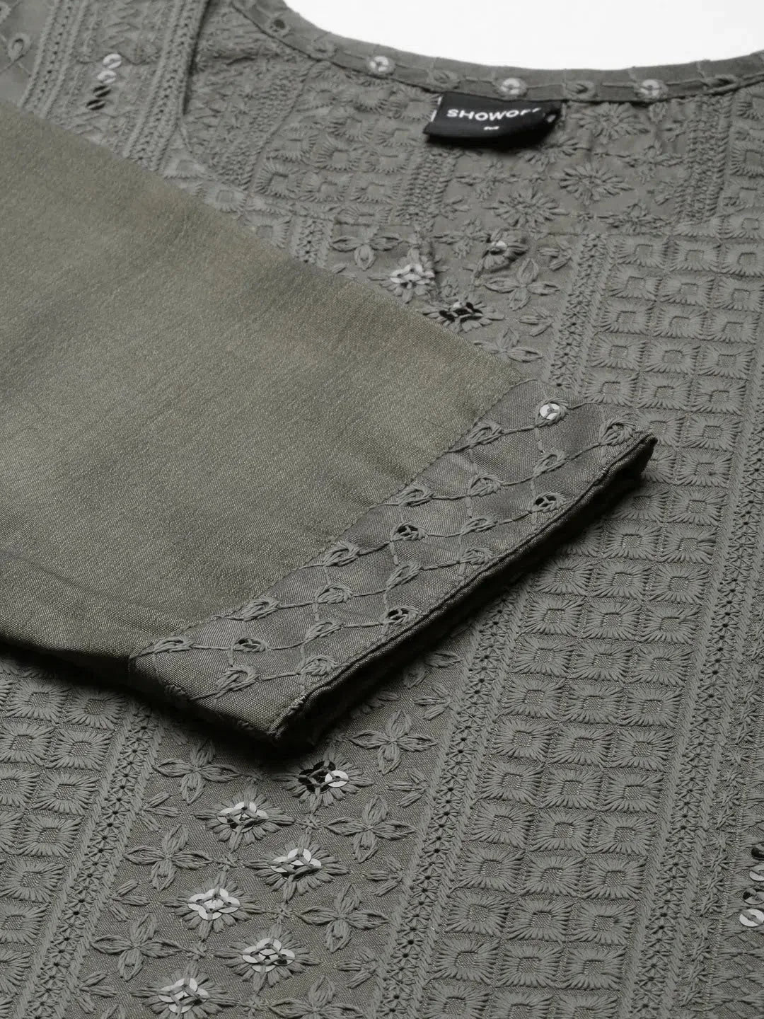 Grey Embellished Cotton Indian Kurta for Women - DesiQlo