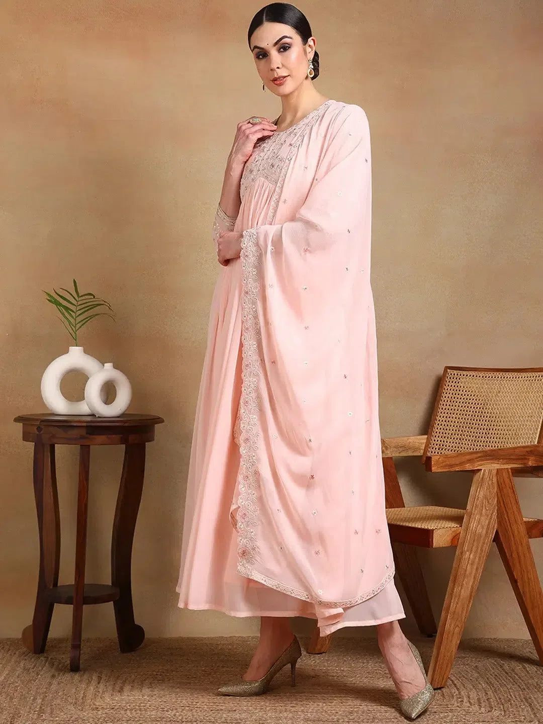 Peach Georgette Anarkali Kurta Set: Embroidered Elegance