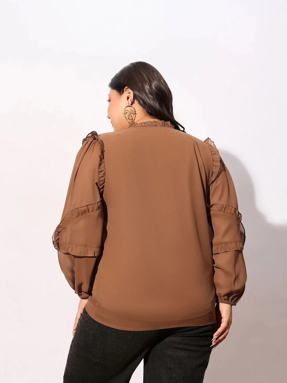 Brown Ruffle Sleeve Top | Women's Fashionable Georgette Tops