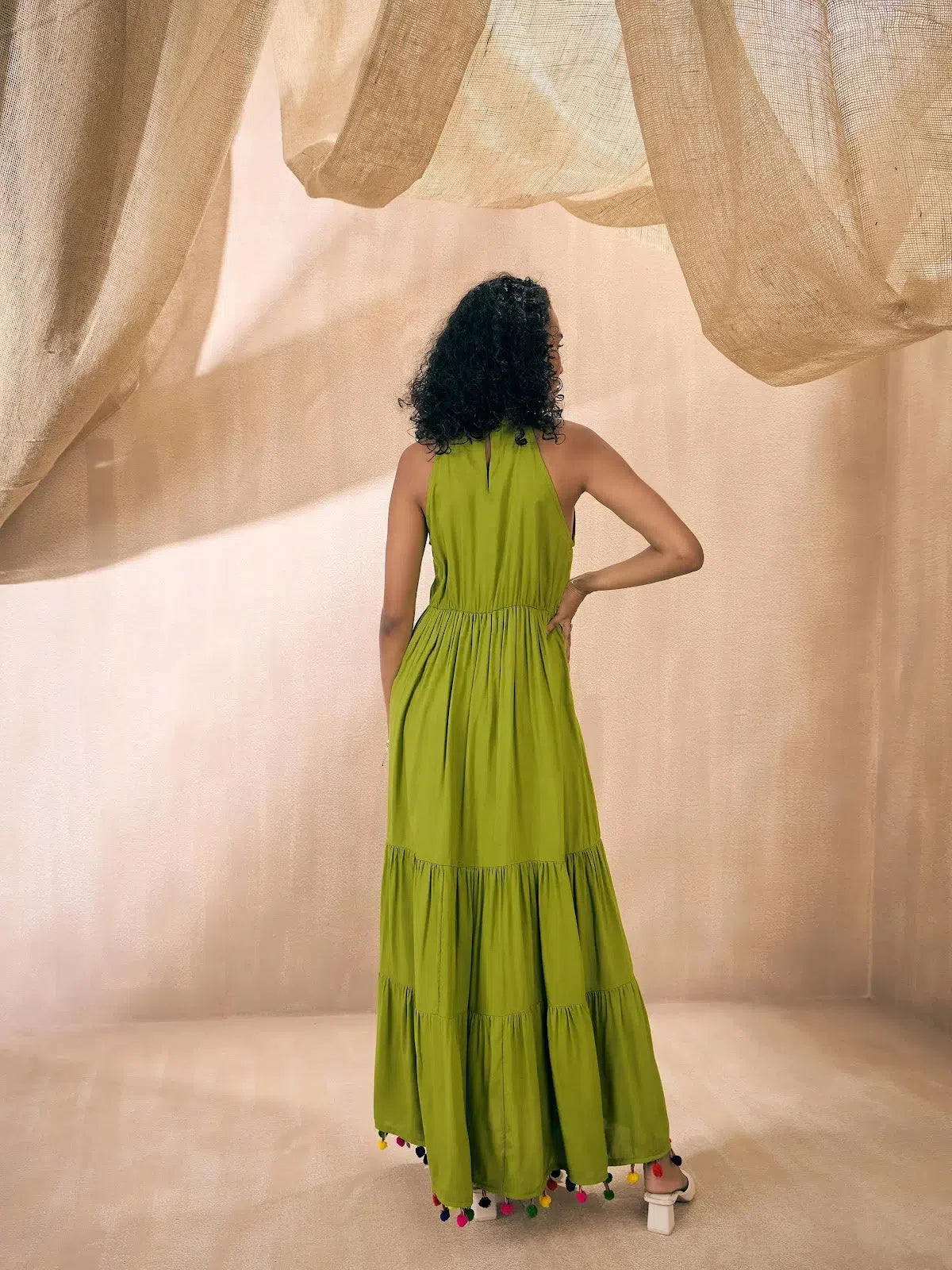 Green Embroidered Pom-Pom Maxi Dress | Indian Dresses
