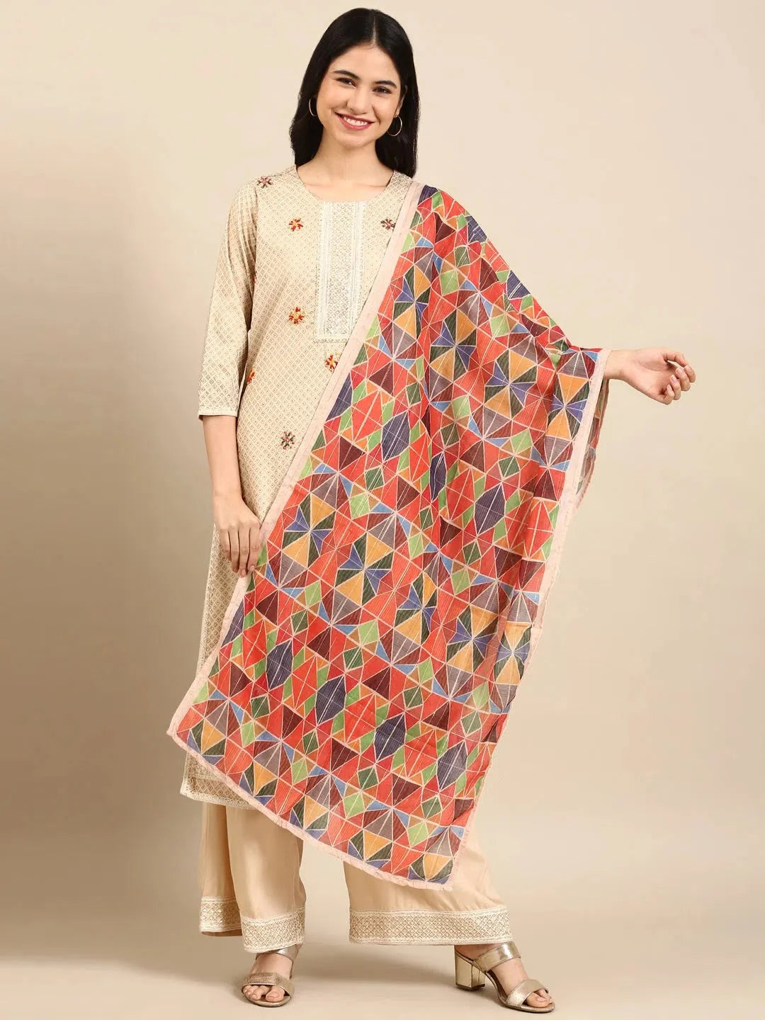 Beige Geometric Kurta Set | Women's Cotton Indian Kurta Sets