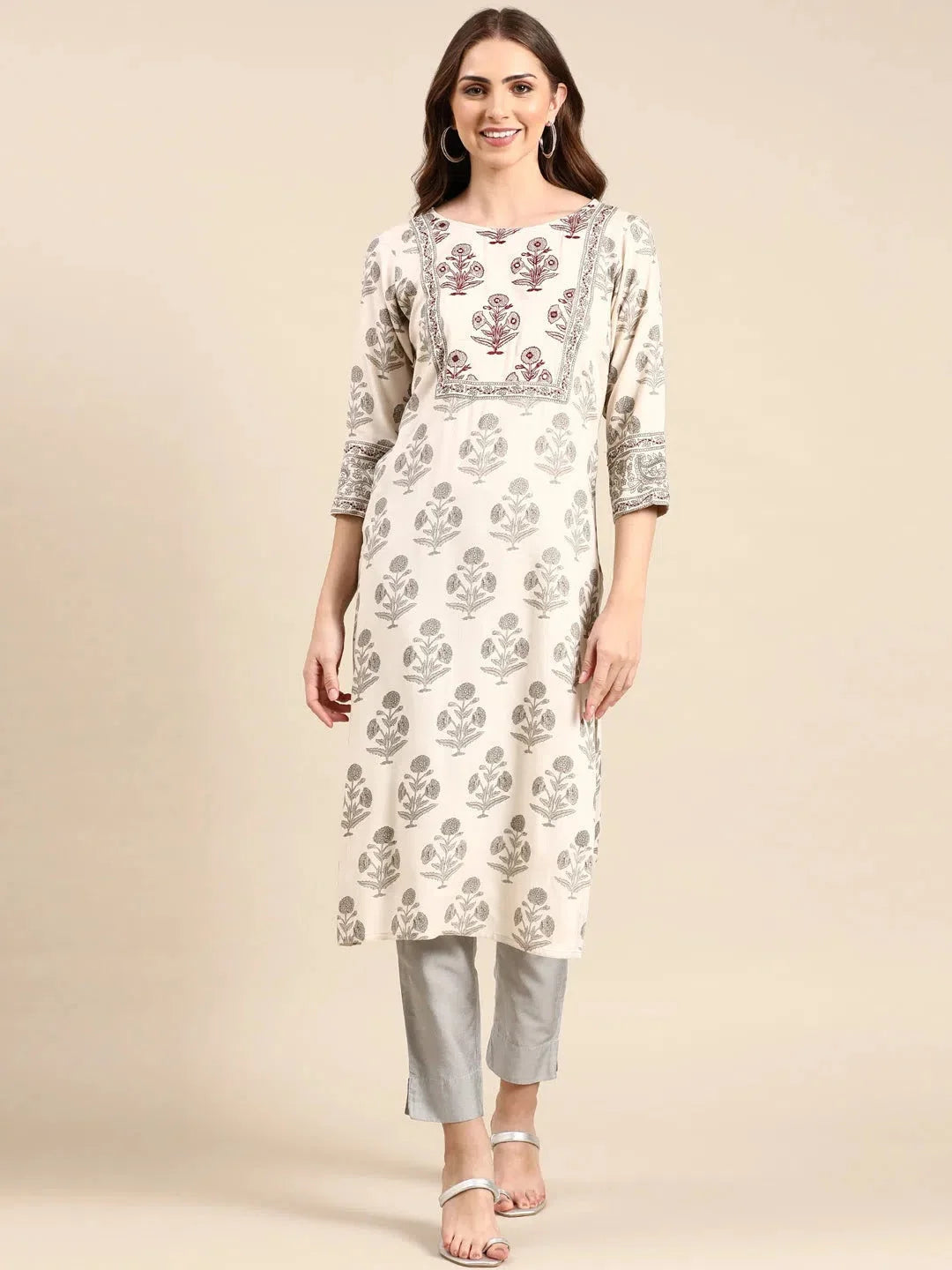 Cream Cotton Printed Kurta | Trendy Indian Kurtis Online