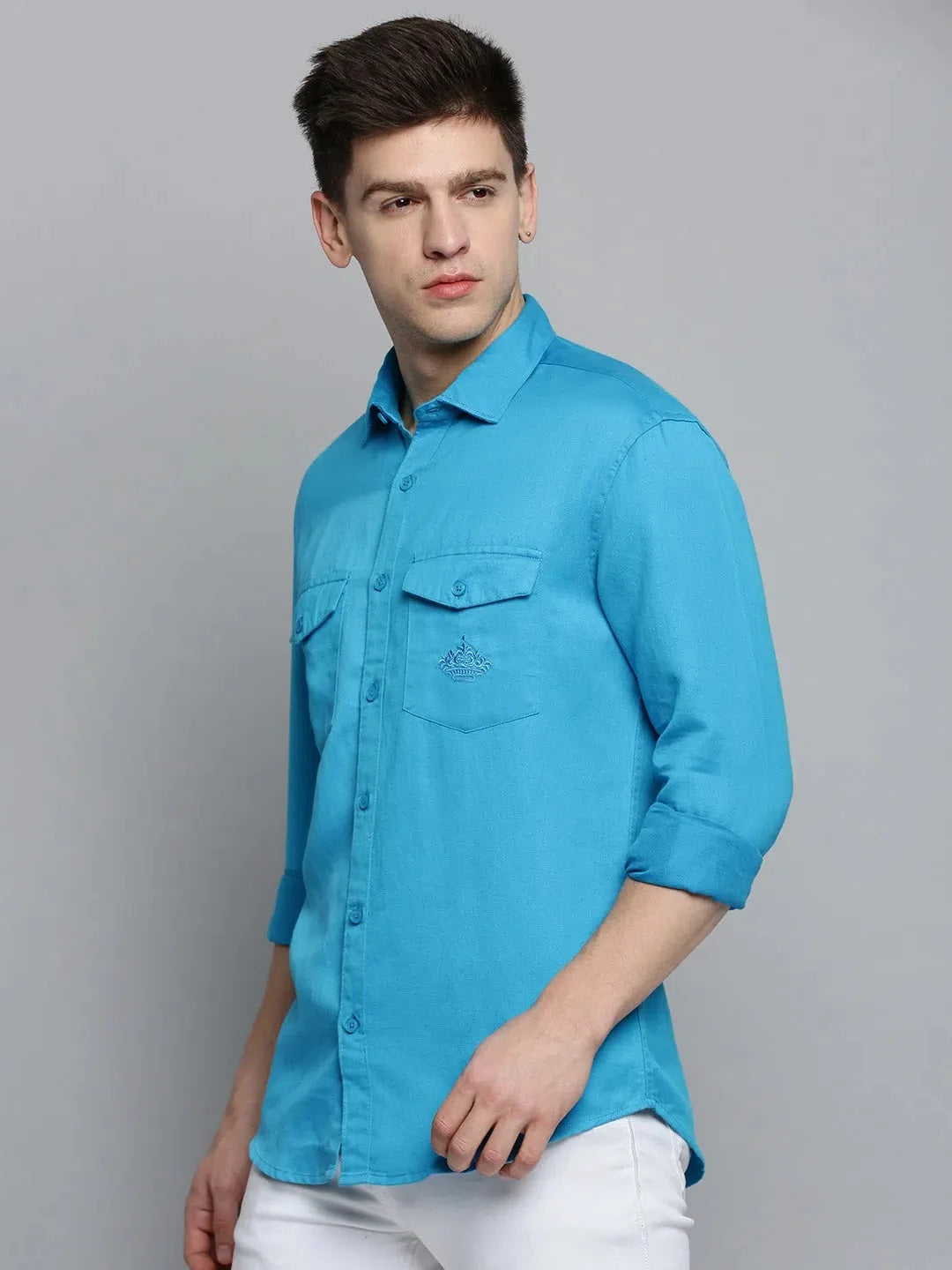 Men's Blue Linen Shirt - Solid Casual Style | DesiQlo