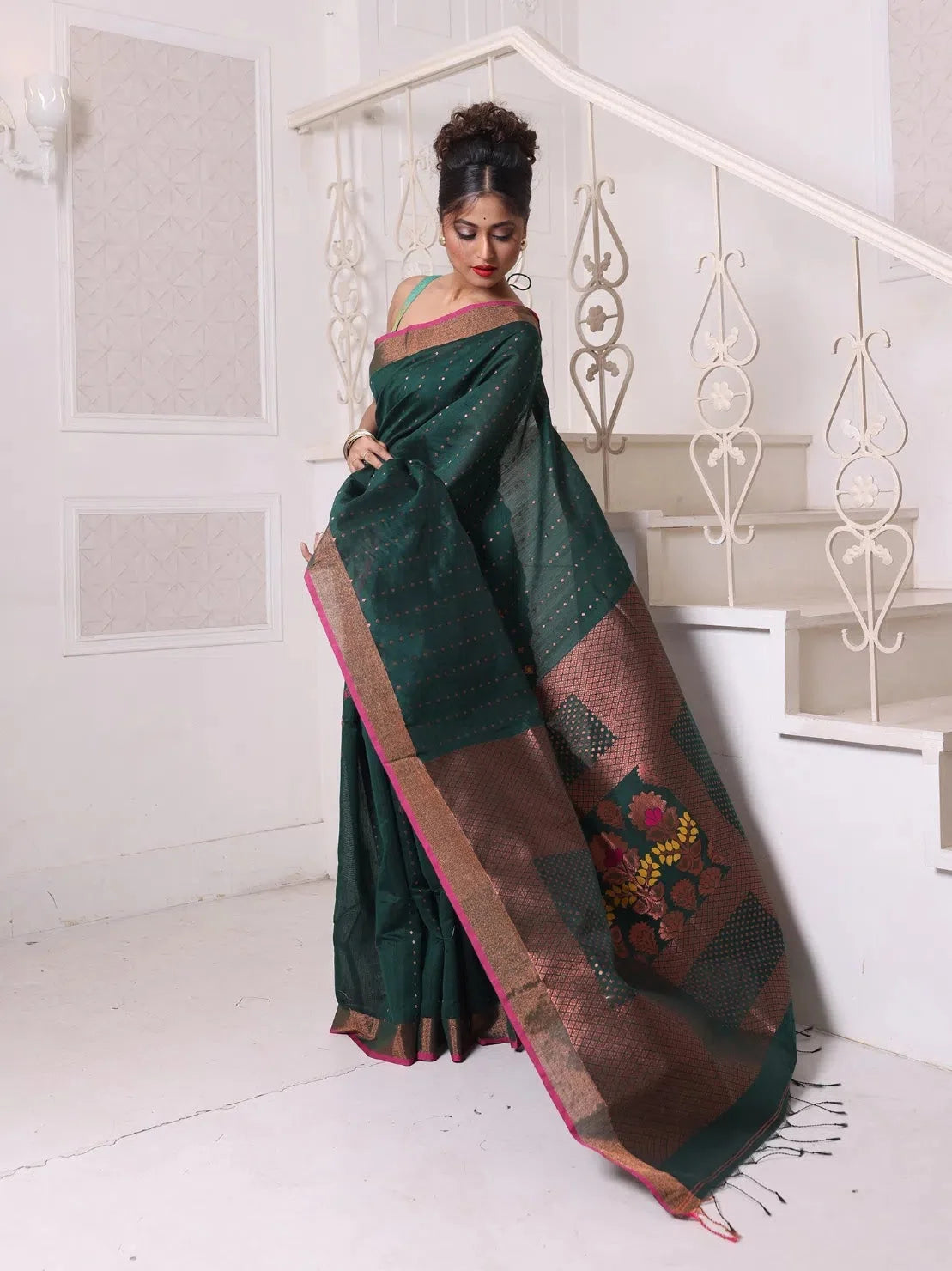Forest Green Cotton Indian Sari with Zari - MA64BCT401380027