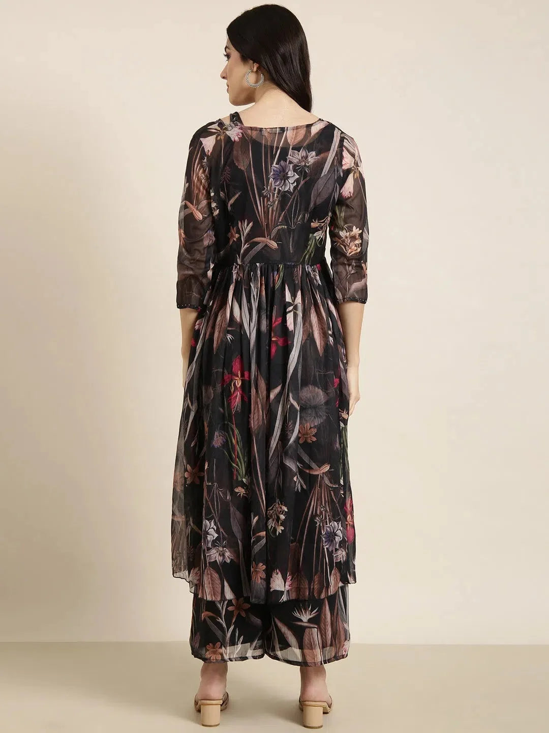 Black Printed Palazzo Pants Set with Jacket | DesiQlo Fashion