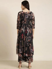 Women Black Printed Top & Palazzos Set Comes With Jacket-DW-5498-Black