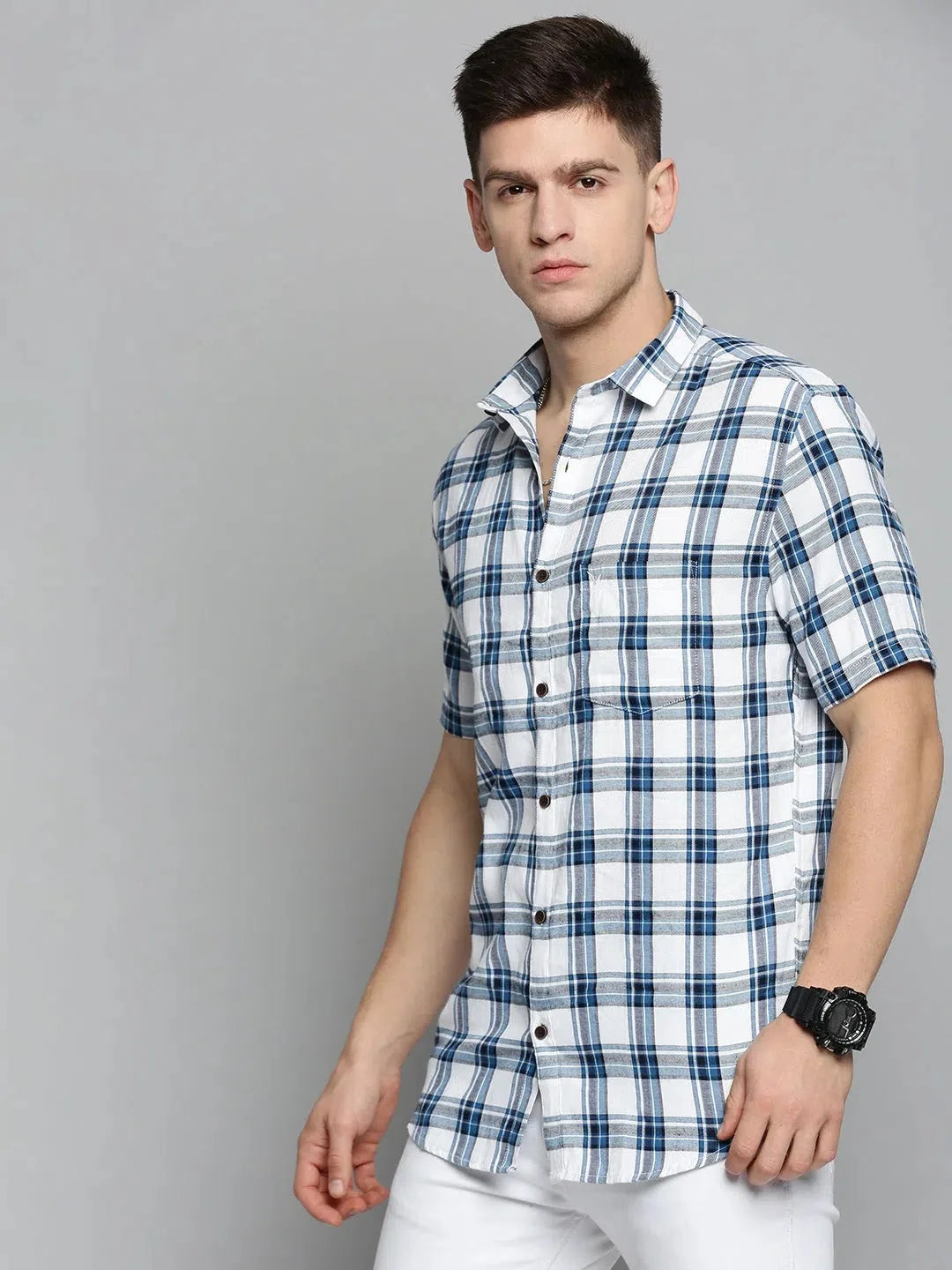 Trendy White Checked Mens Shirt - Cotton Casual Shirt