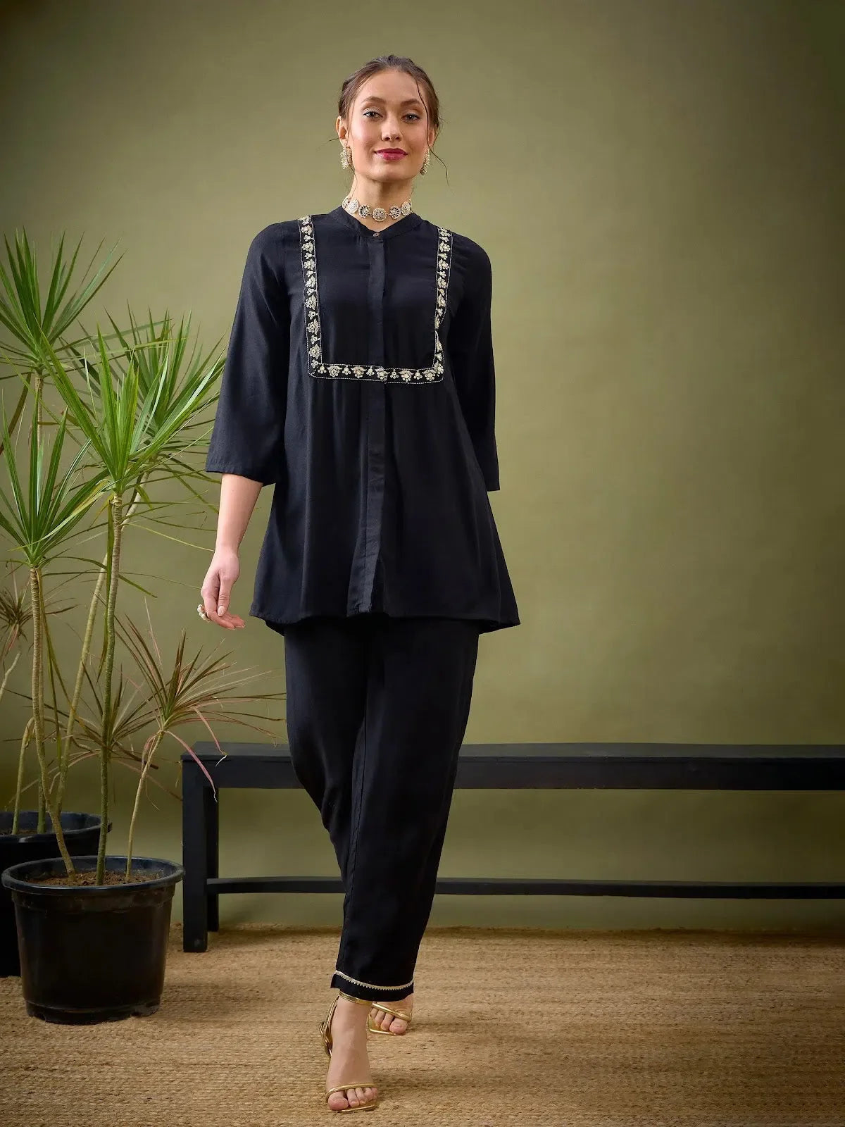 Black Embroidered L-Shape Shirt & Palazzos - Indian Suits Set