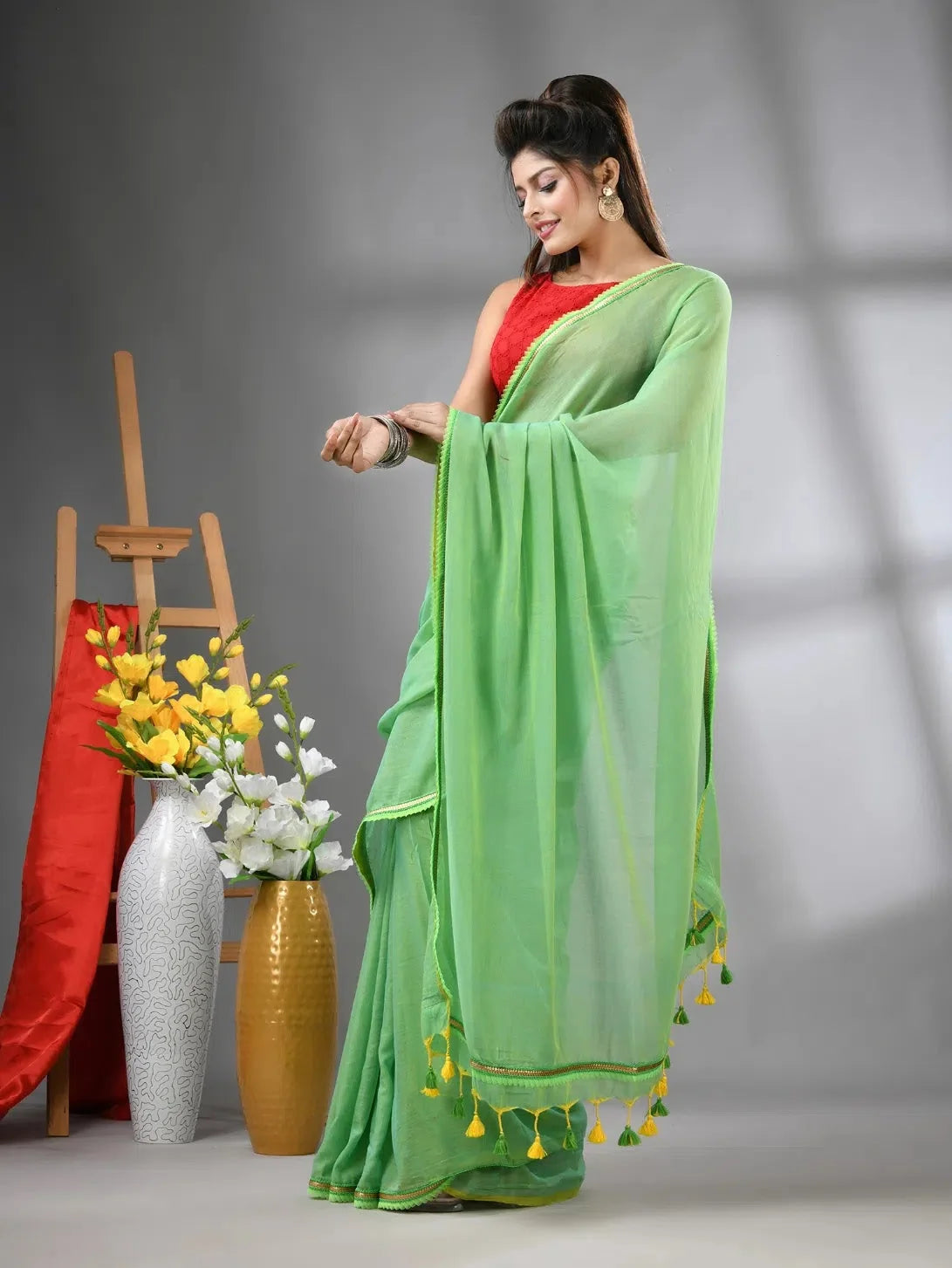 Light Green Cotton Saree: Indian Sarees with Gota Patti