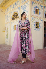 Women Rani Muslin Embroidered Kurta Pant & Dupatta Set