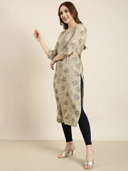 Women Straight Beige Floral Kurta-AT-A1107-K-Beige