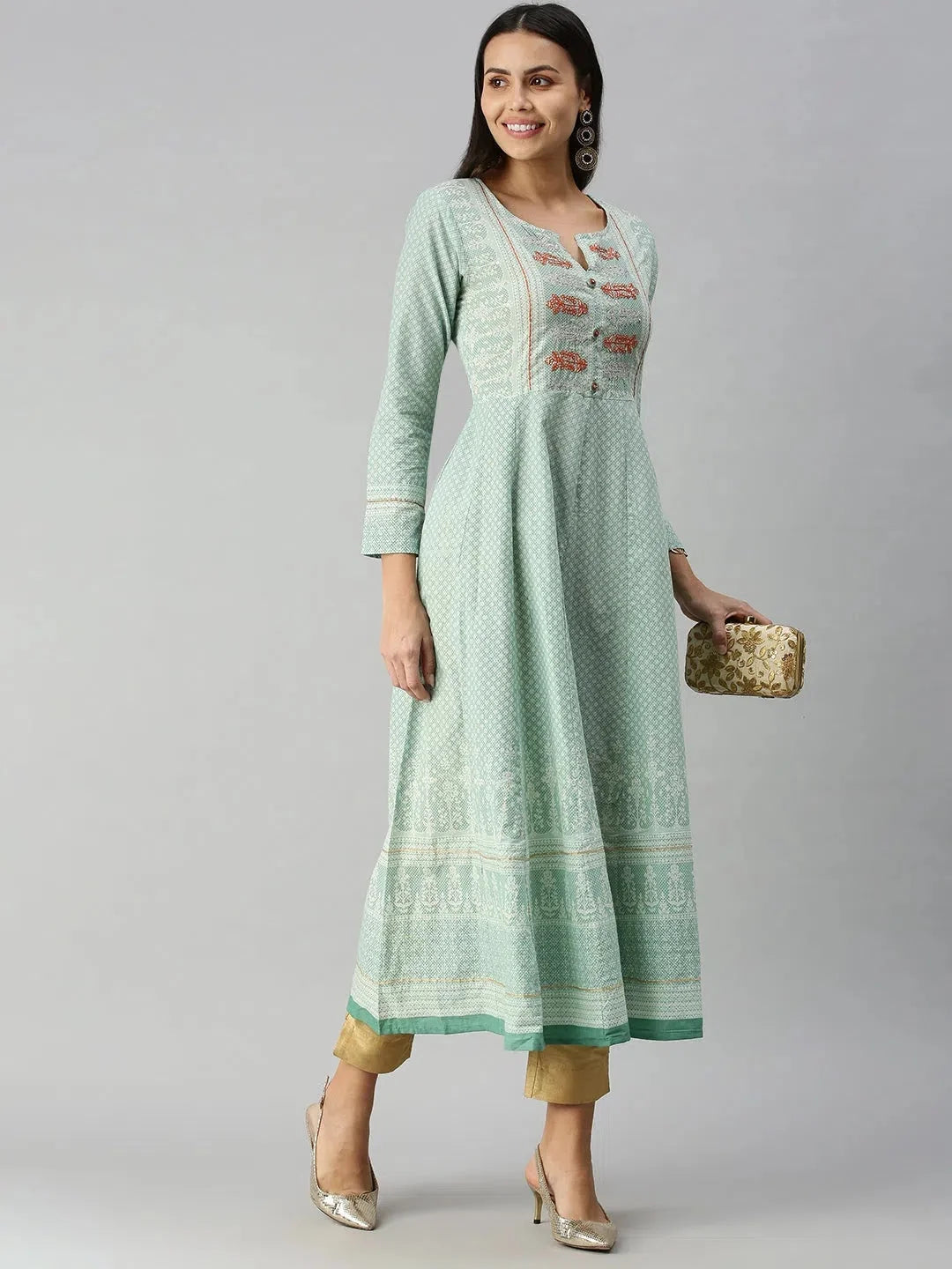 Teal Floral Anarkali Kurti - Women's Cotton Anarkali Kurtis