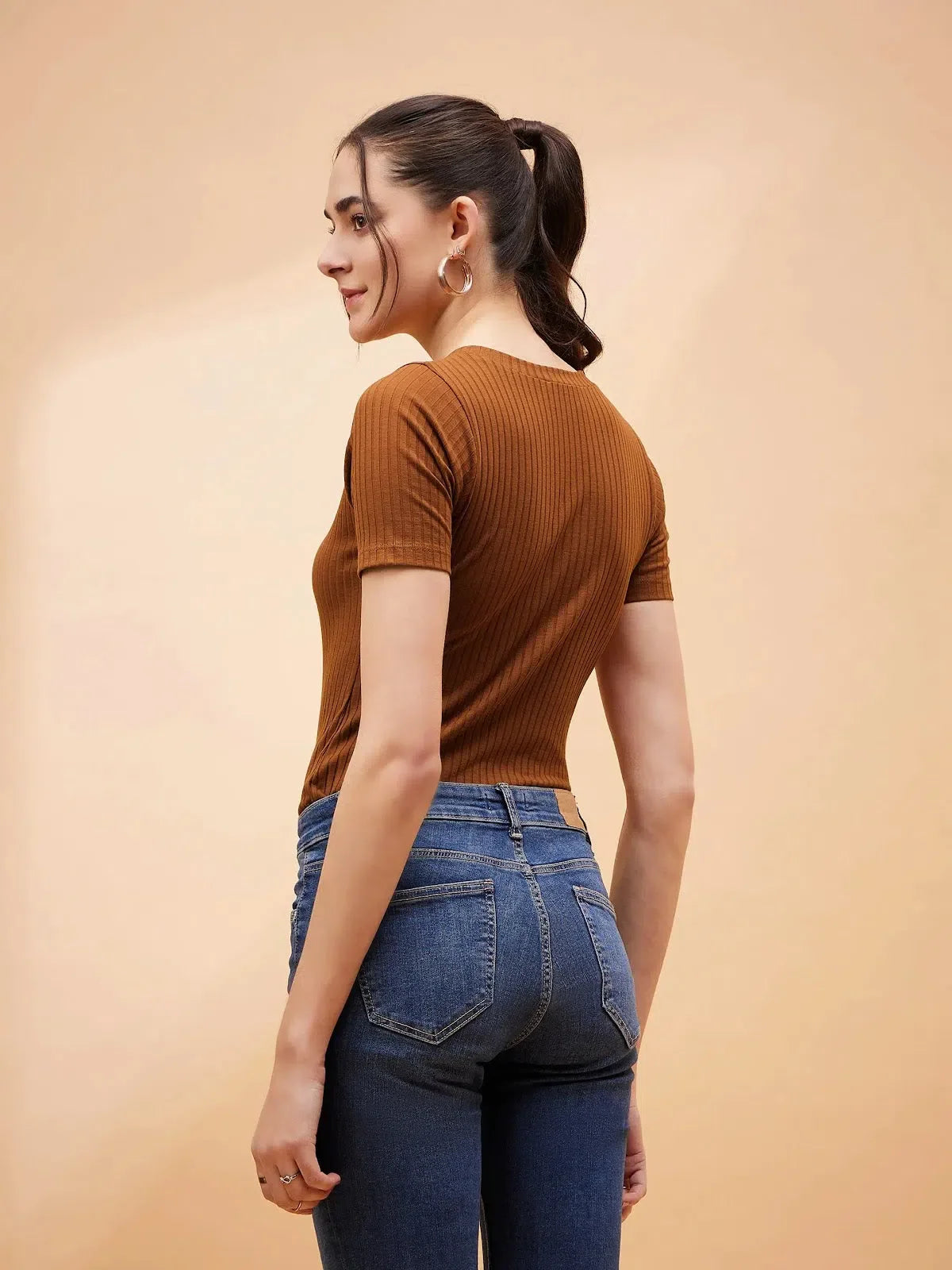 Brown Rib V-Neck Bodysuit | Women's Western Wear Outfits