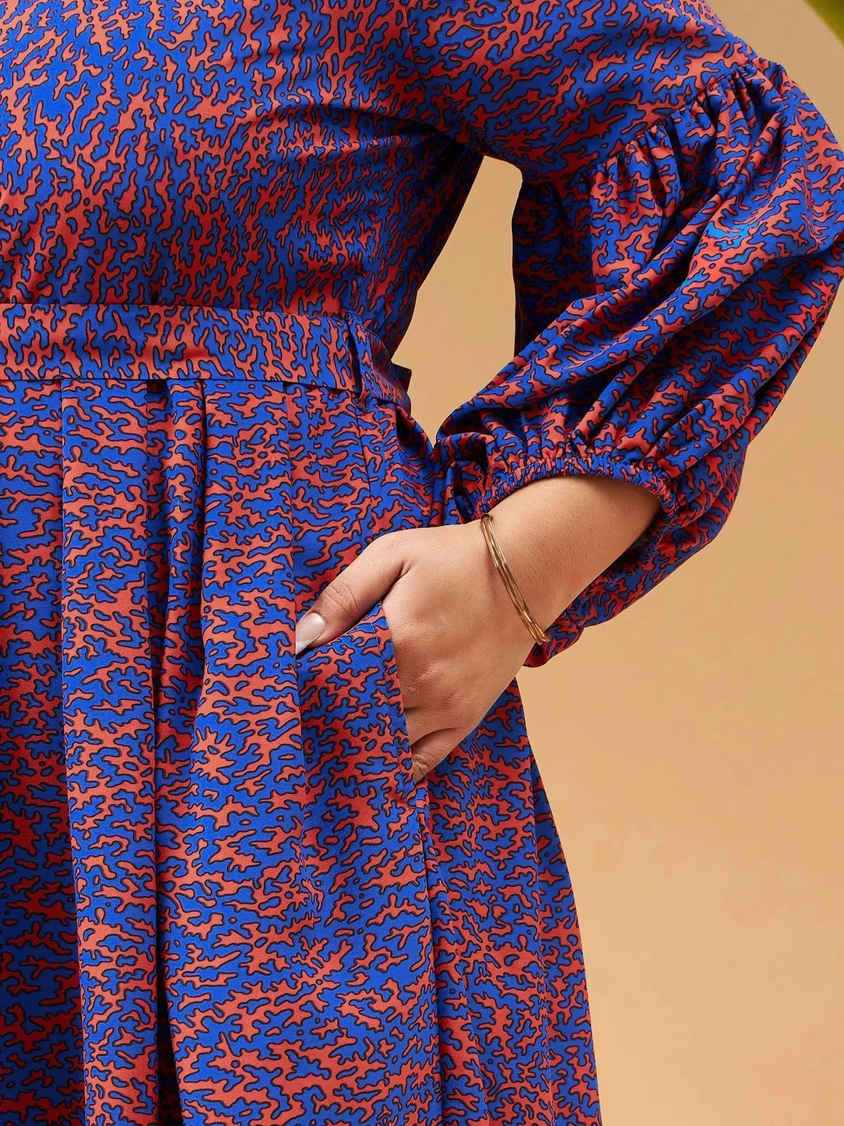 Women Red Printed Belted Midi Shirt Dress