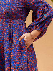 Women Red Printed Belted Midi Shirt Dress