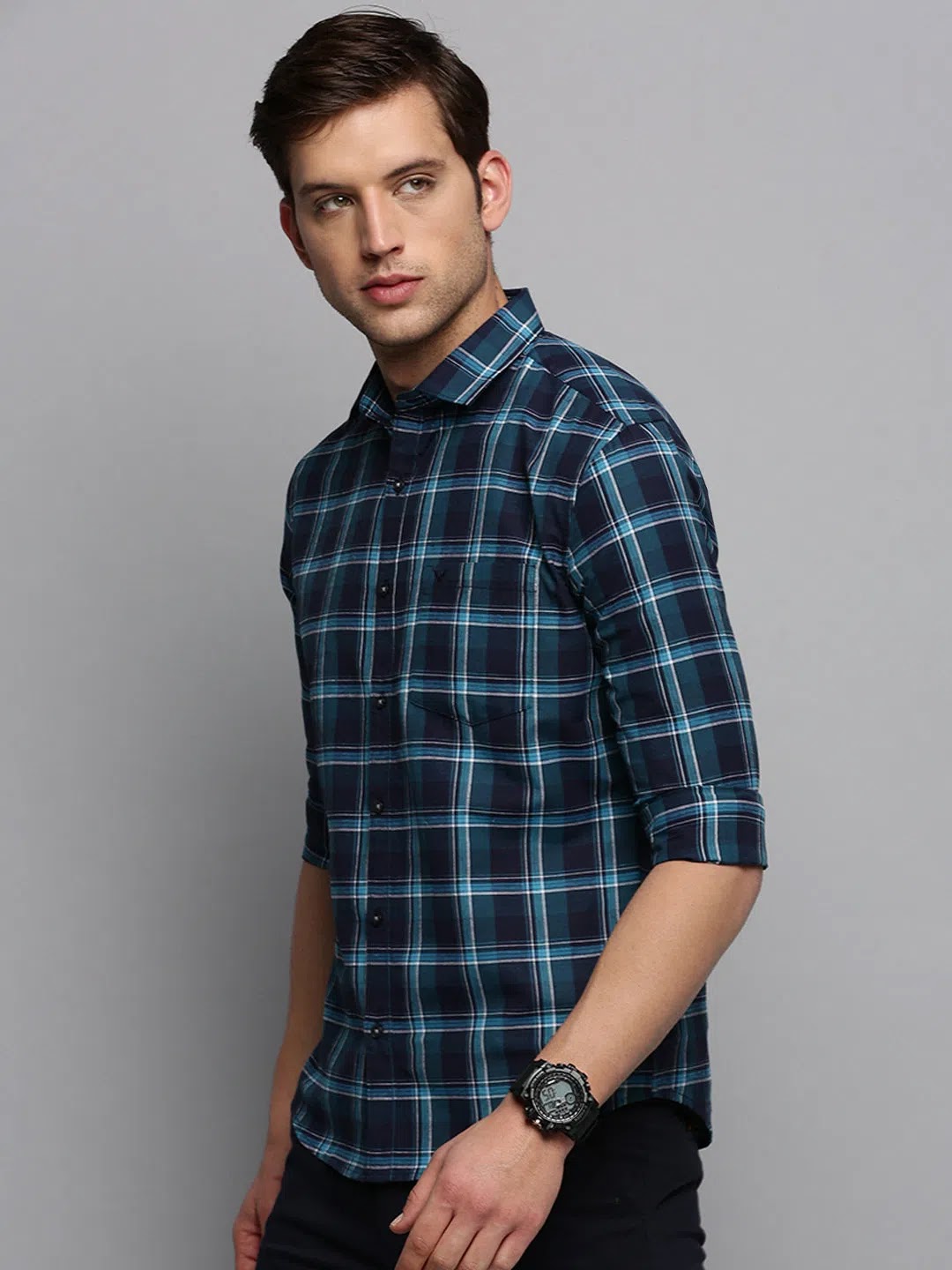 Men's Navy Checked Cotton Casual Shirt