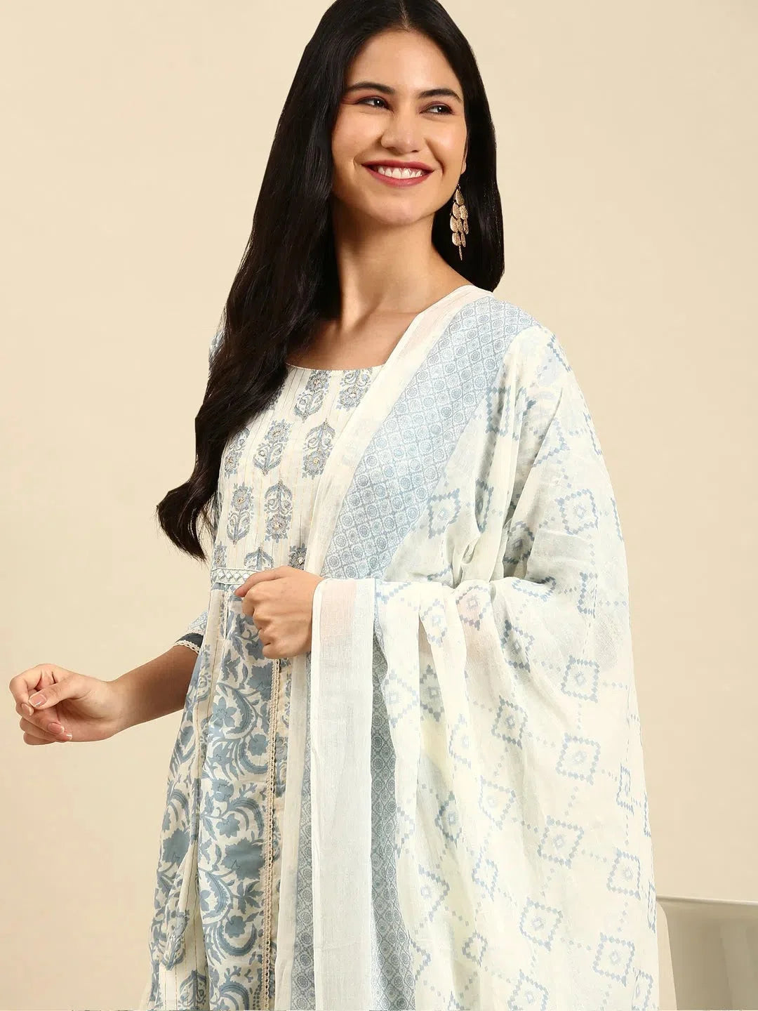 Beige Printed Women's Kurta Set | Floral Cotton Kurta Sets
