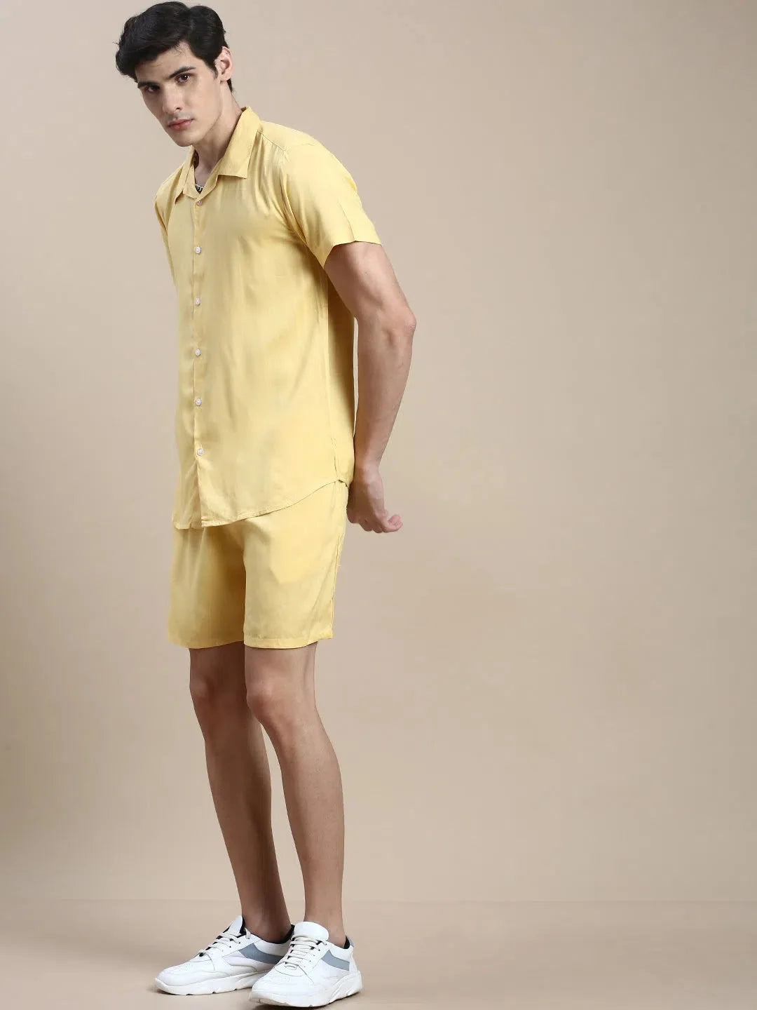Men's Yellow Solid Cotton Casual Co ord Set | Showoff