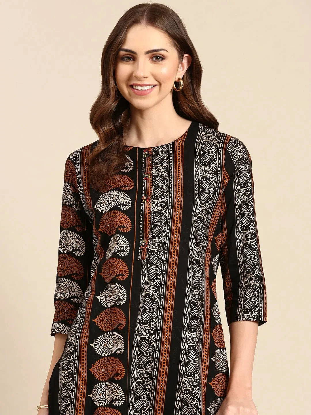 Black Printed Cotton Kurta - Women's Indian Kurta Fashion