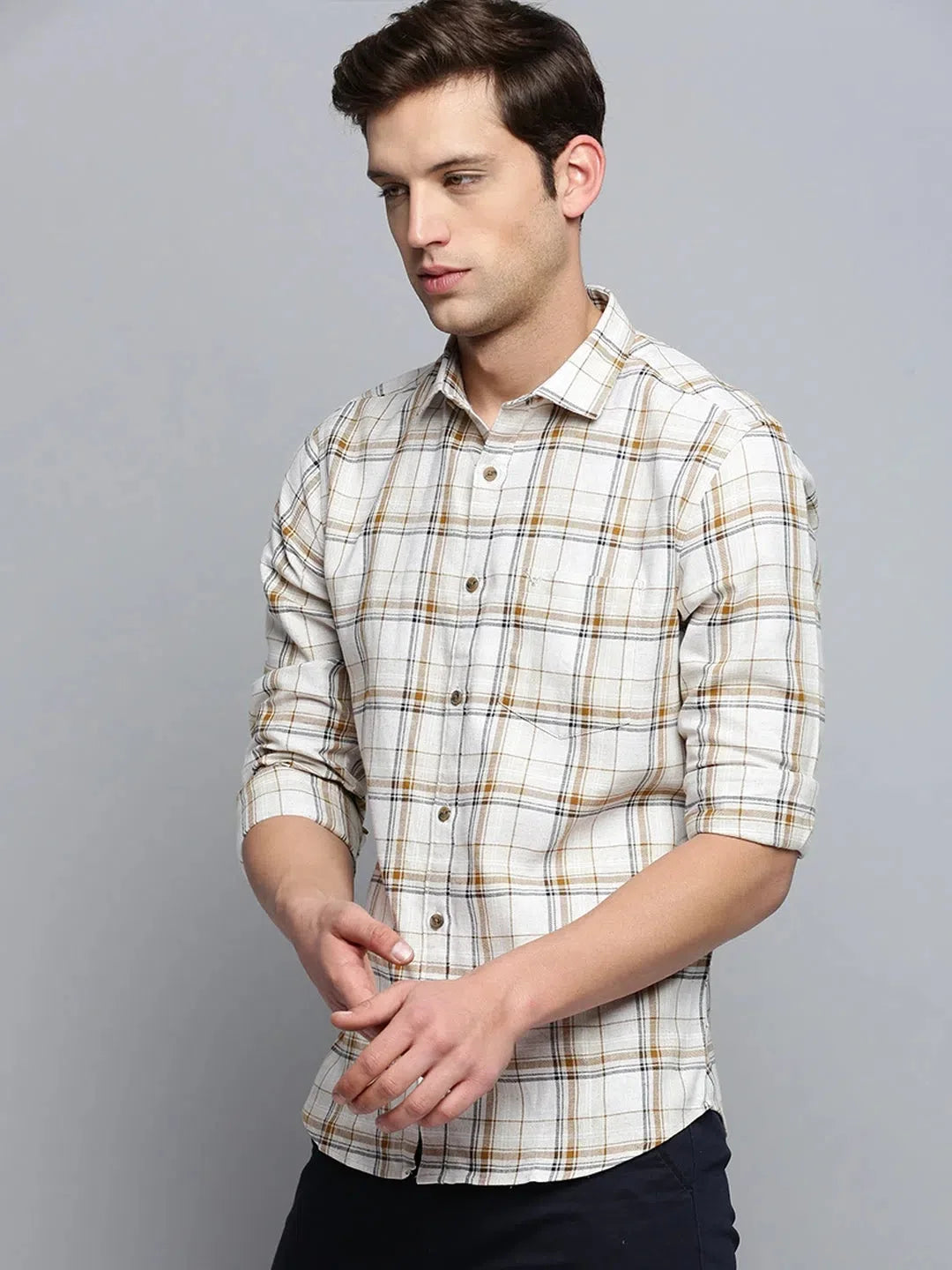 Beige Checked Mens Shirt - DesiQlo Cotton Casual Shirt