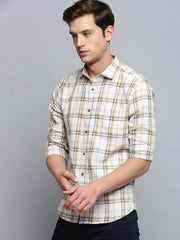 Men Beige Checked Casual Shirt-MARFACHECKS-4437-Beige