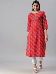 Women's Red Printed Straight Kurta-JC54-Red