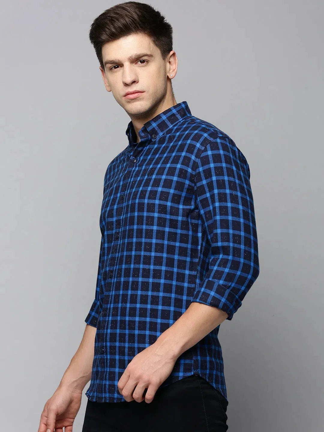 Charming Men's Navy Checked Cotton Shirt | Casual Style