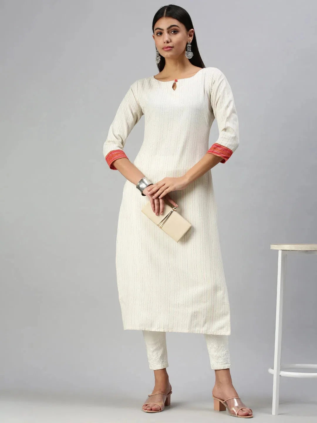 White Striped Straight Kurta - Cotton Indian Kurta for Women