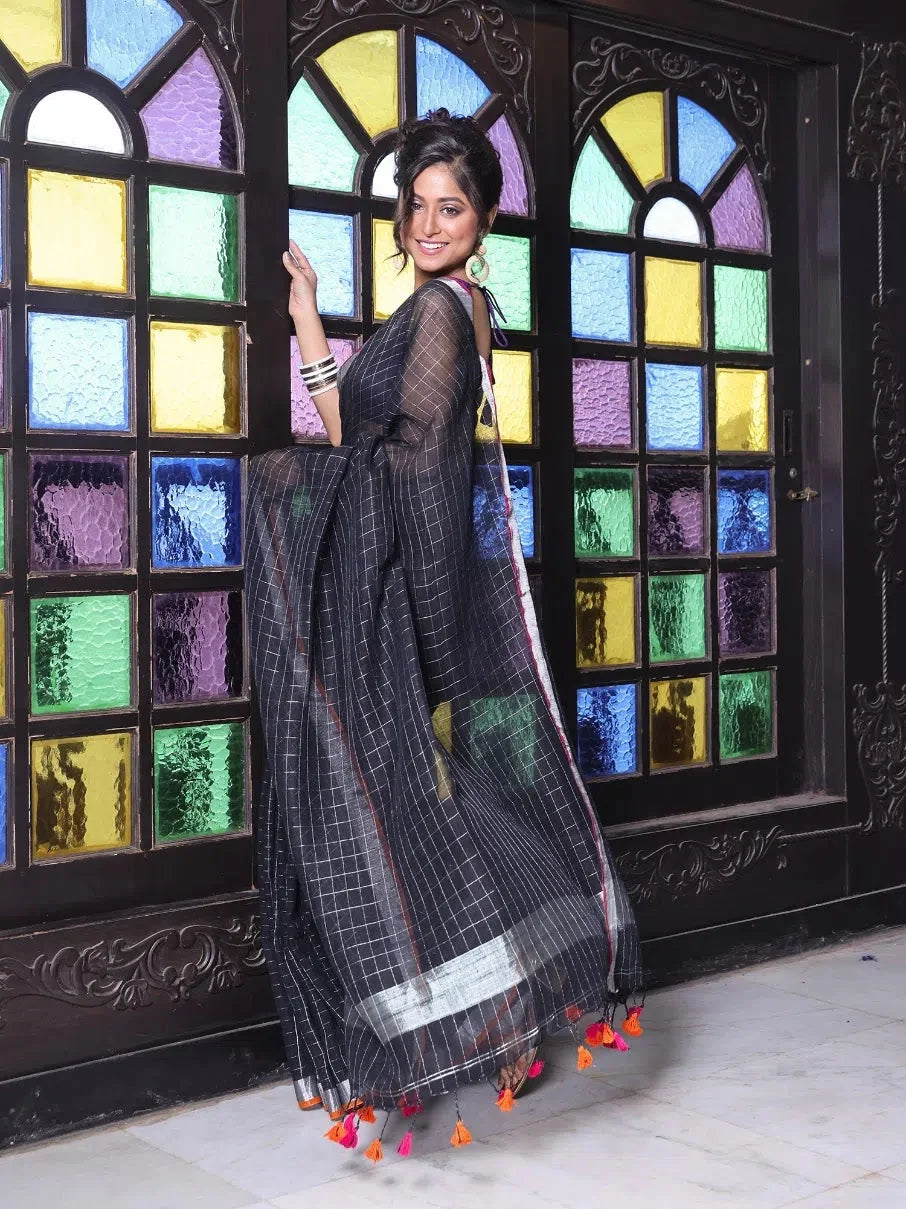 Black Check Linen Saree with Zari - Designer Sarees India