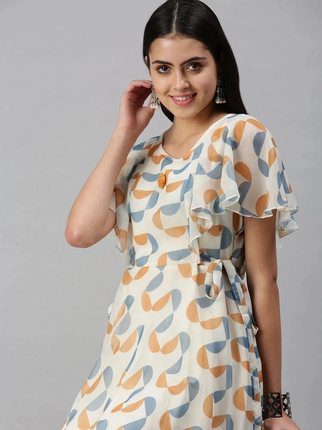 Cream Printed Anarkali Kurta for Women | Nylon Anarkali Gown