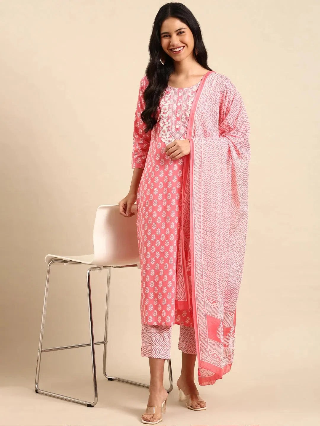 Pink Printed Kurta Set | Women's Cotton Indian Kurta Sets