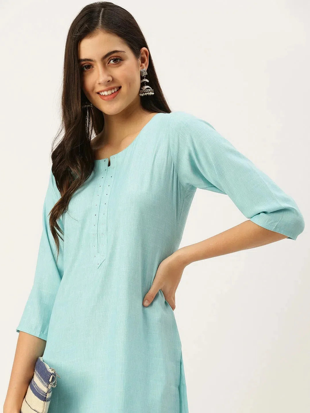 Blue Embellished Cotton Indian Kurta for Women - DesiQlo