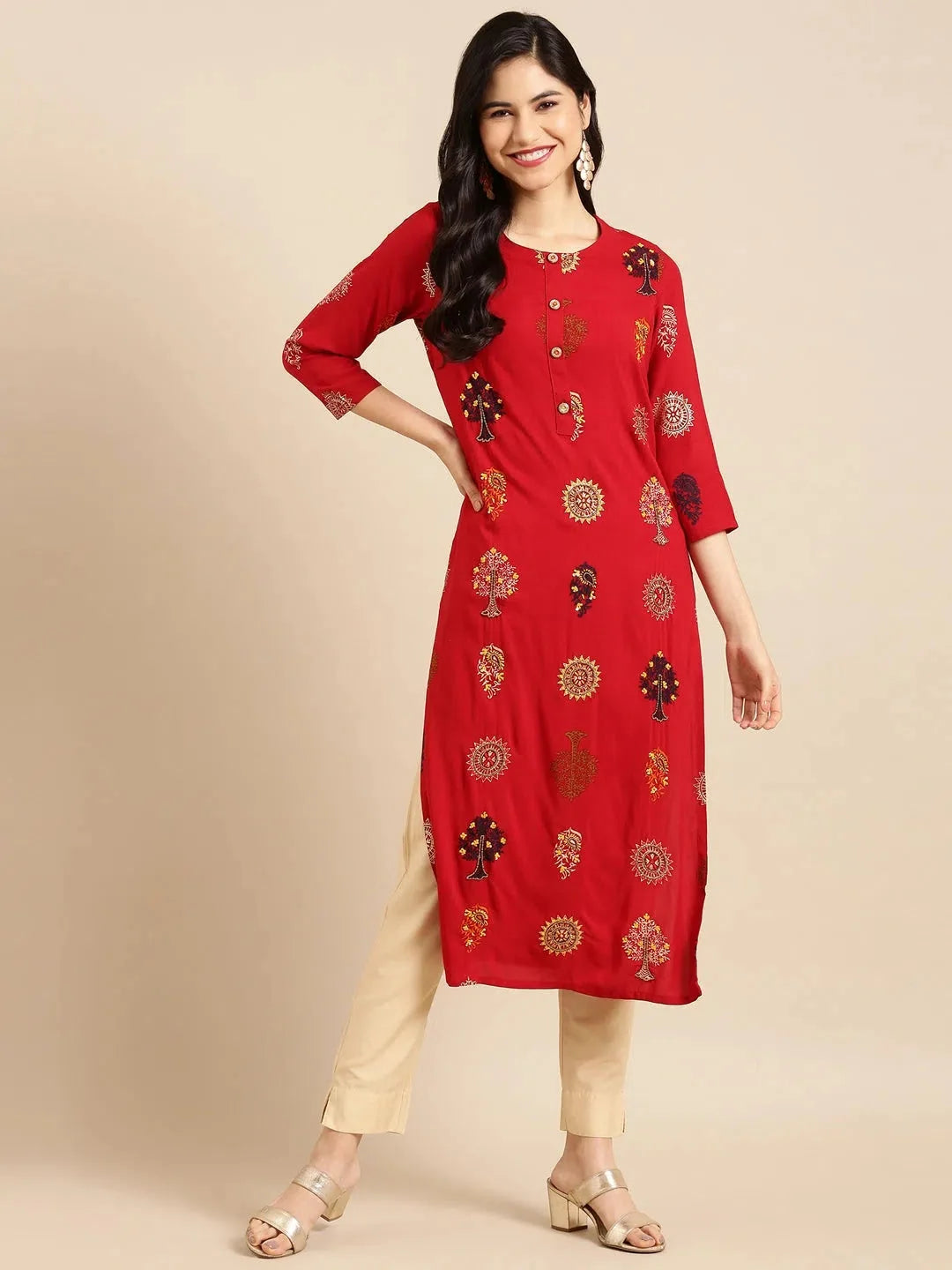 Elegant Red Embroidered Indian Kurta for Women - DesiQlo