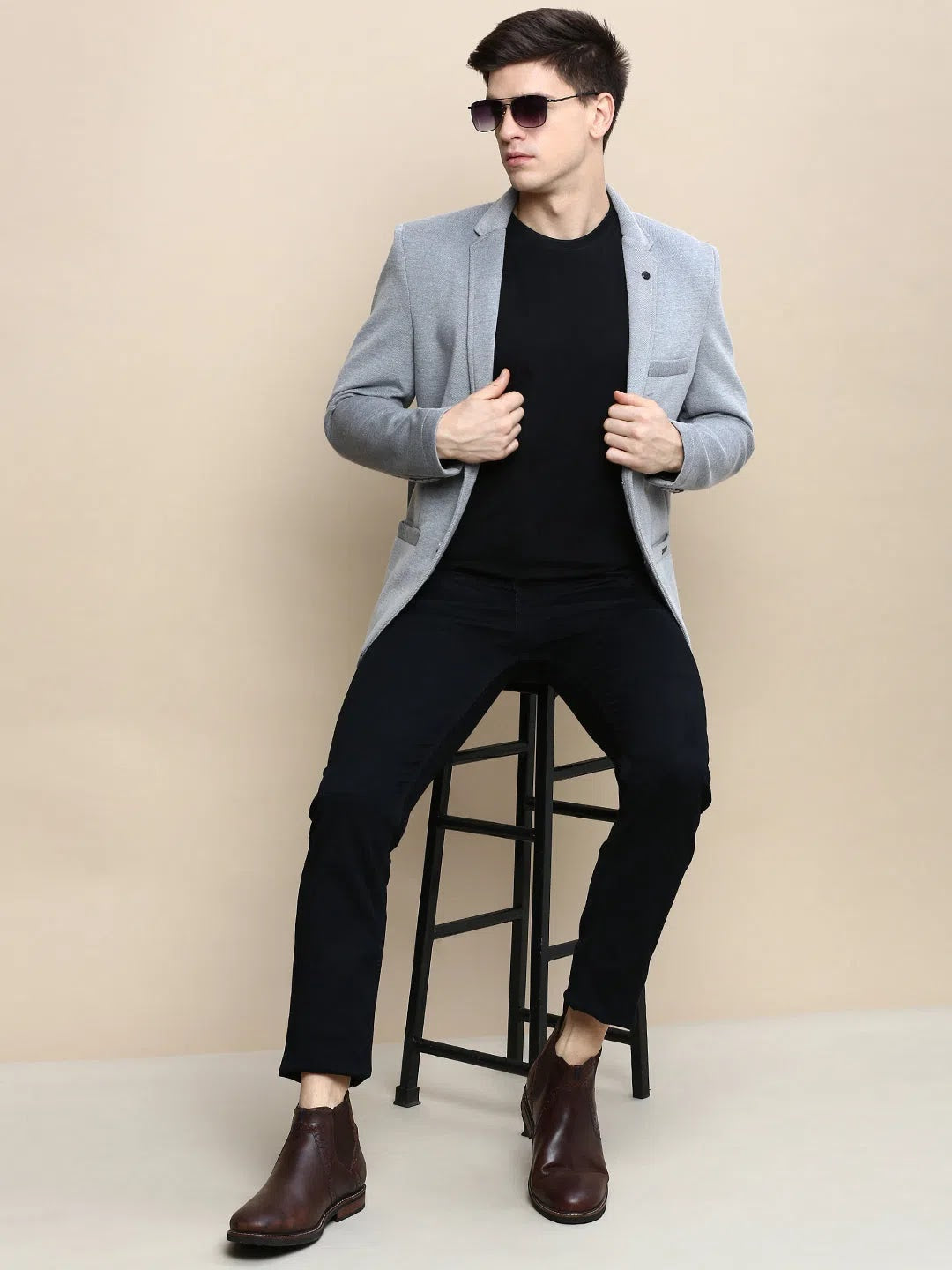 Grey Solid Casual Blazer | Indian Nehru Jackets - DesiQlo