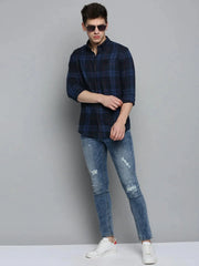Men Navy Checked Casual Shirt-AARONCHECKS-4340-Navyblue