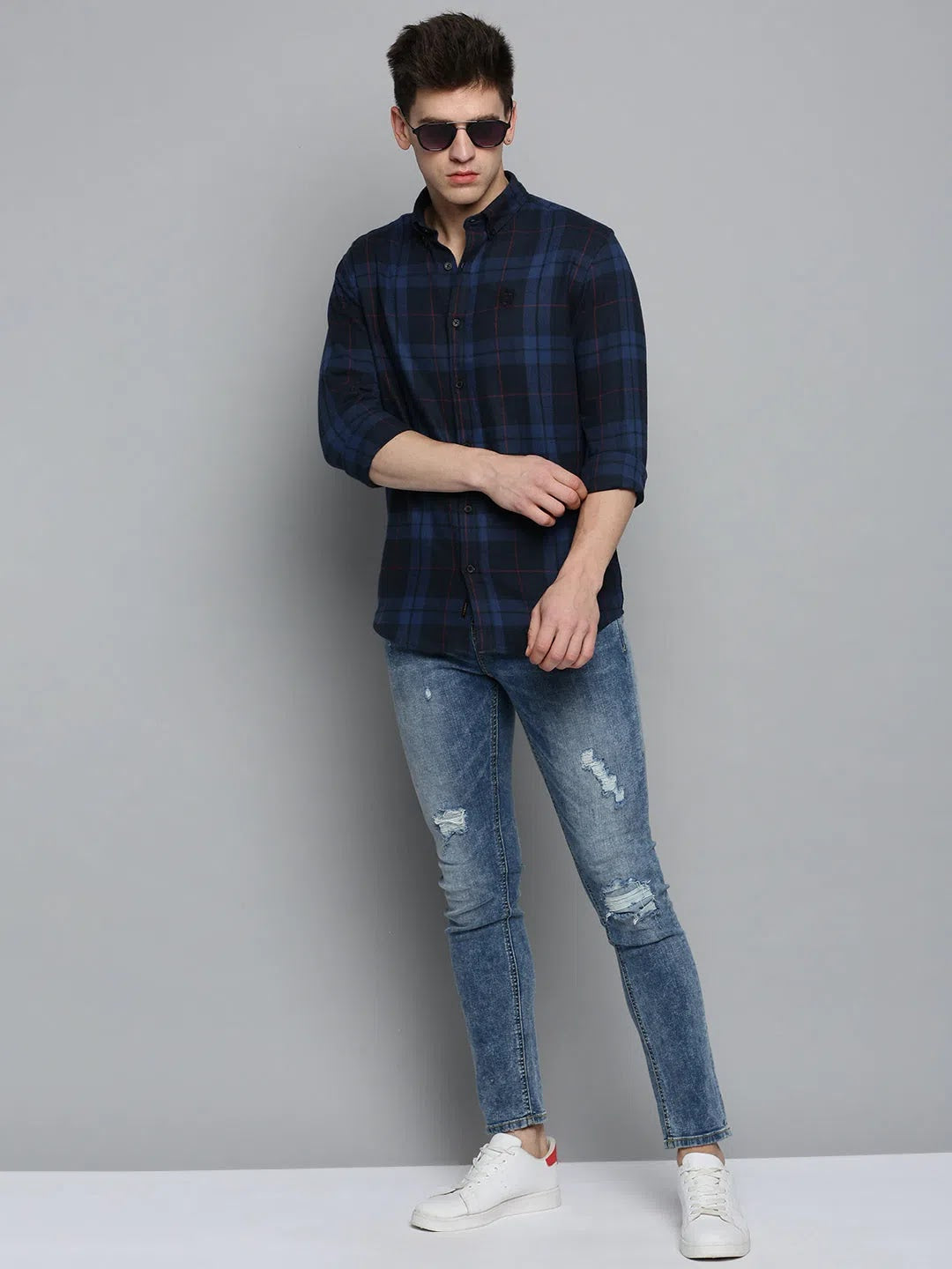 Men's Navy Checkered Cotton Shirt | Casual Mens Shirt
