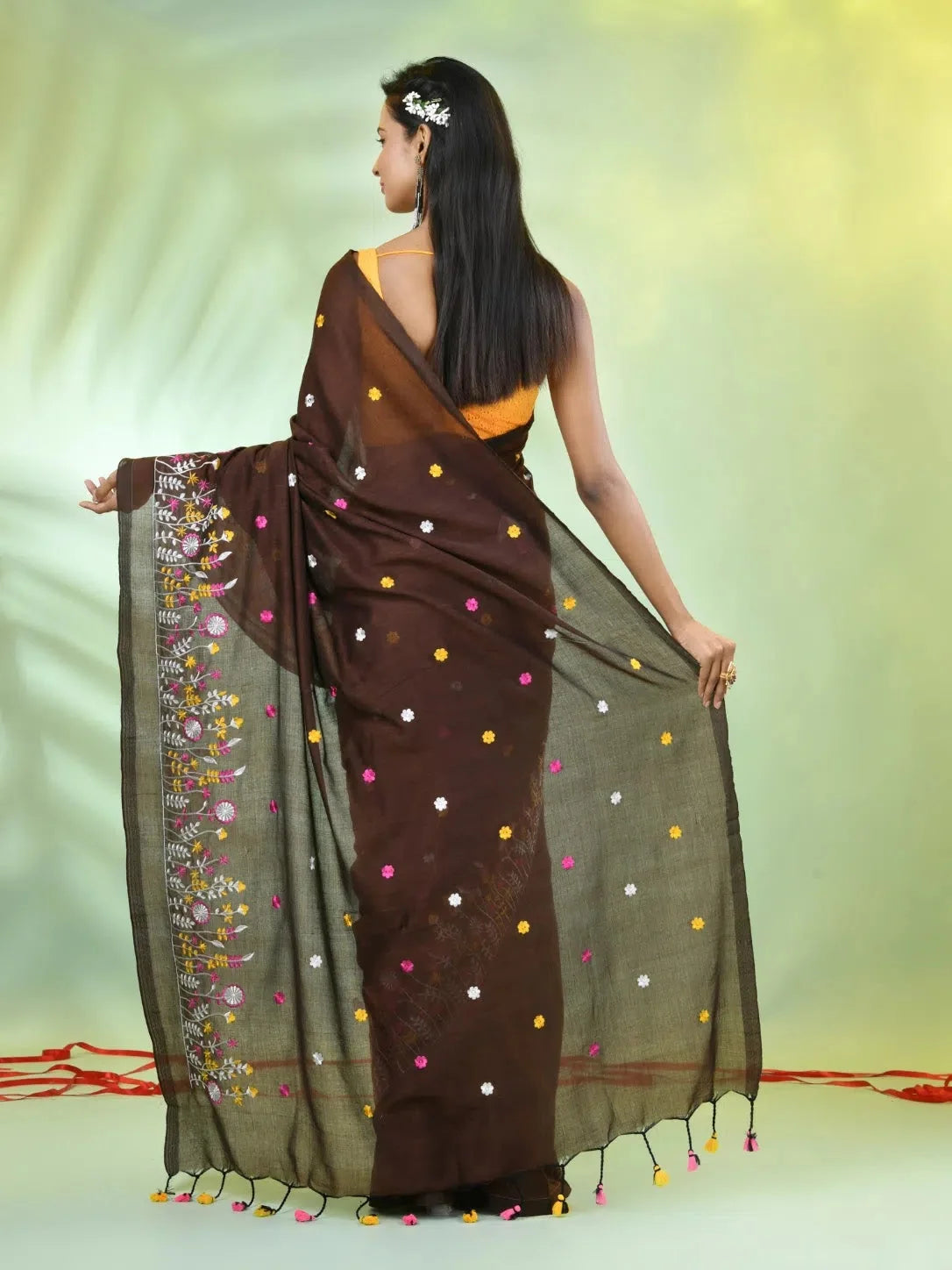 Brown Floral Embroidered Cotton Saree | Indian Sari