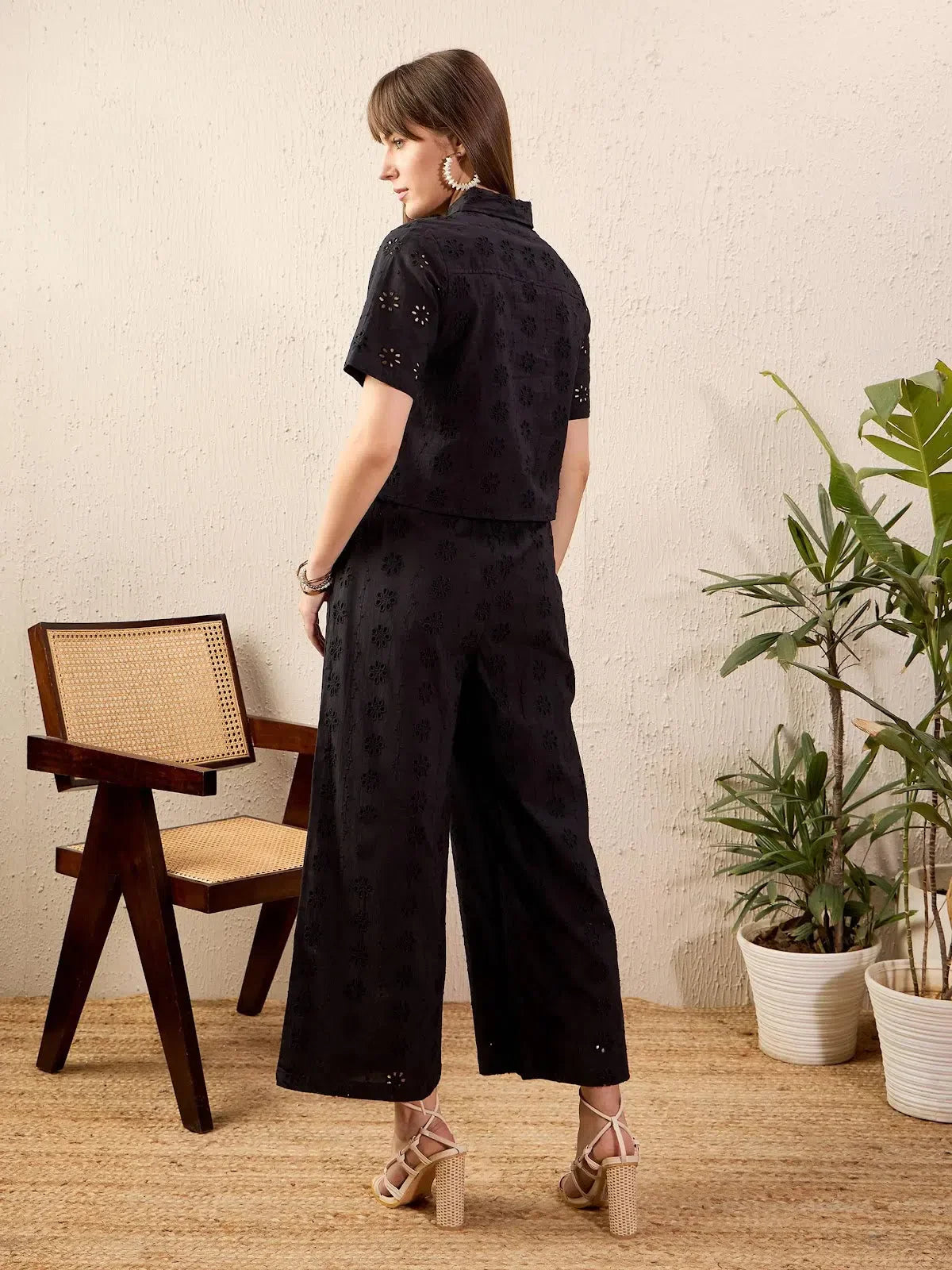Black Cotton Schiffli Co-ord Set - Crop Shirt and Wide Leg Pant