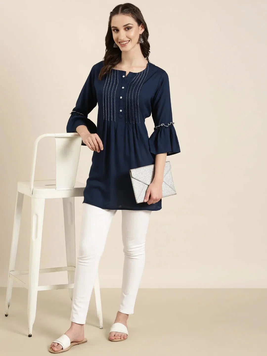 Navy Blue Solid Kurti - A-Line Indian Kurta for Women