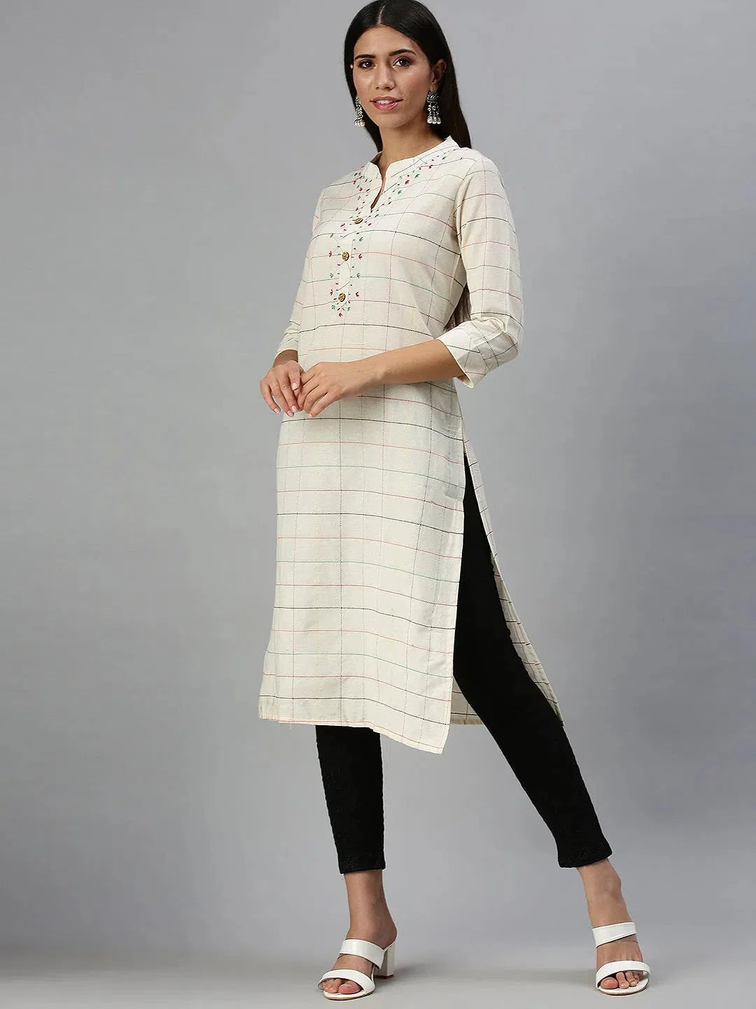 Beige Cotton Checked Kurta | Women's Casual Indian Kurtas