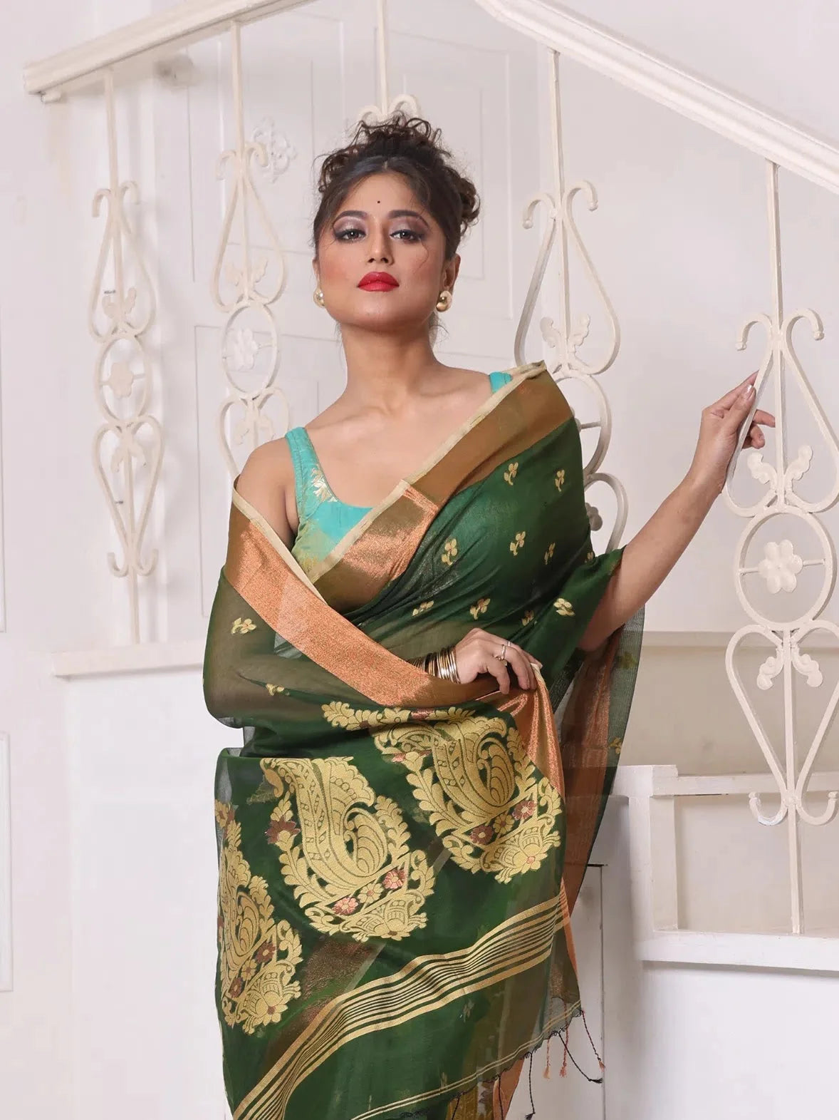 Green Cotton Saree with Zari | Indian Sari Elegance