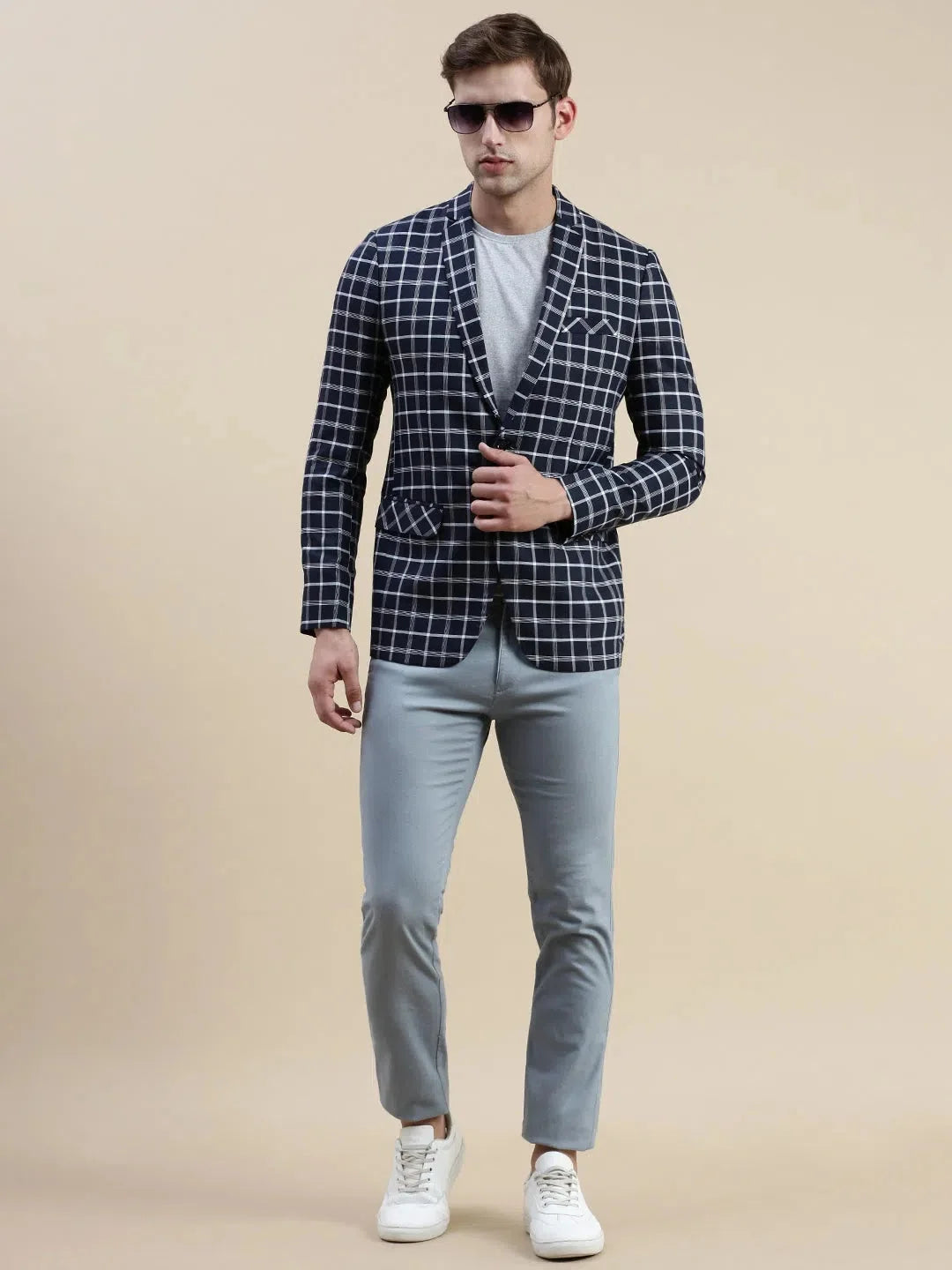 Navy Checked Cotton Blazer - Men's Ethnic Wear from DesiQlo
